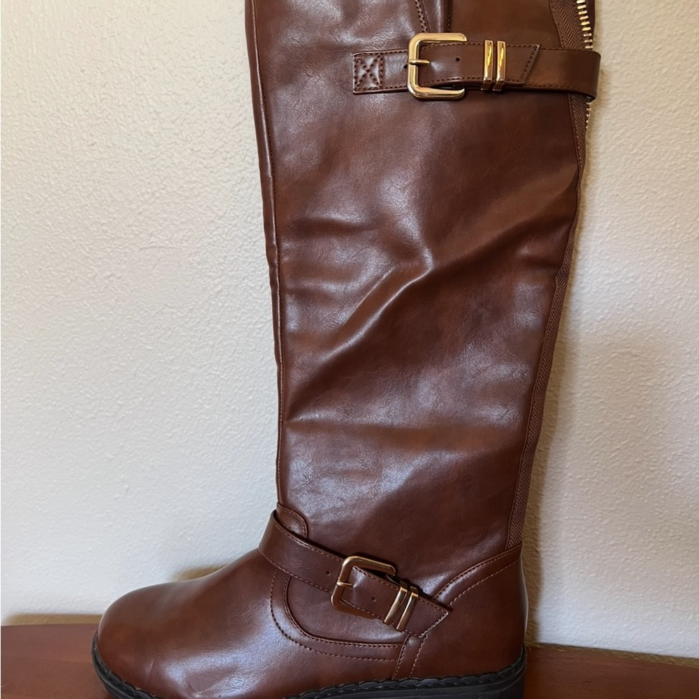 Shoe Dazzle Georginna Brown Boots with Buckle Detail